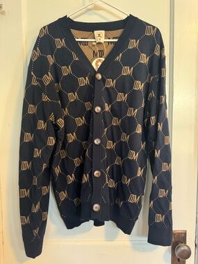 Navy & Tan Monogram V-Neck Cardigan Sweater